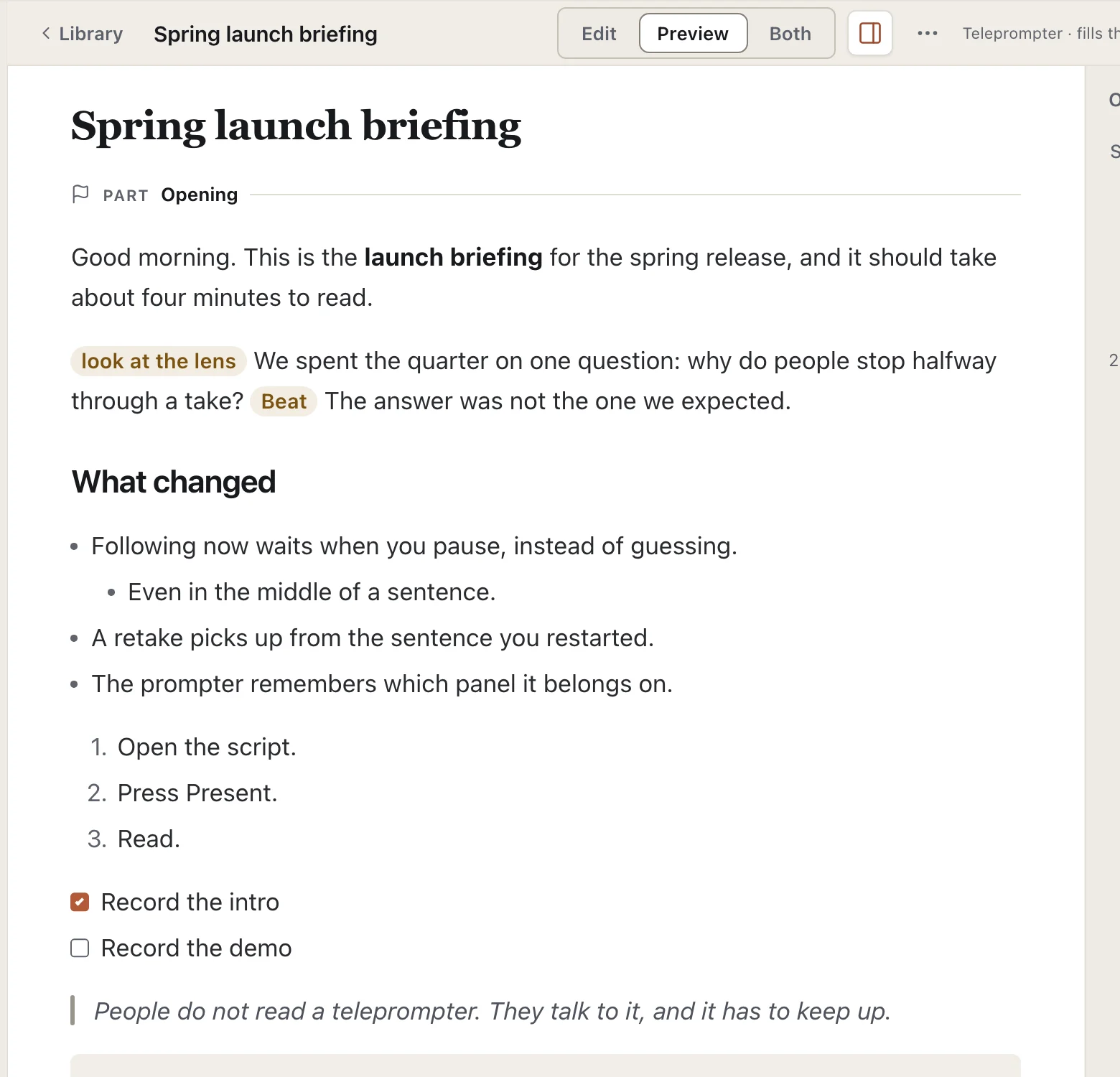 The editor in Preview for a script called Spring launch briefing, with Edit, Preview and Both tabs above it. A serif title sits over a part marker labelled Opening, and amber cue pills reading look at the lens and Beat sit inline with the text.