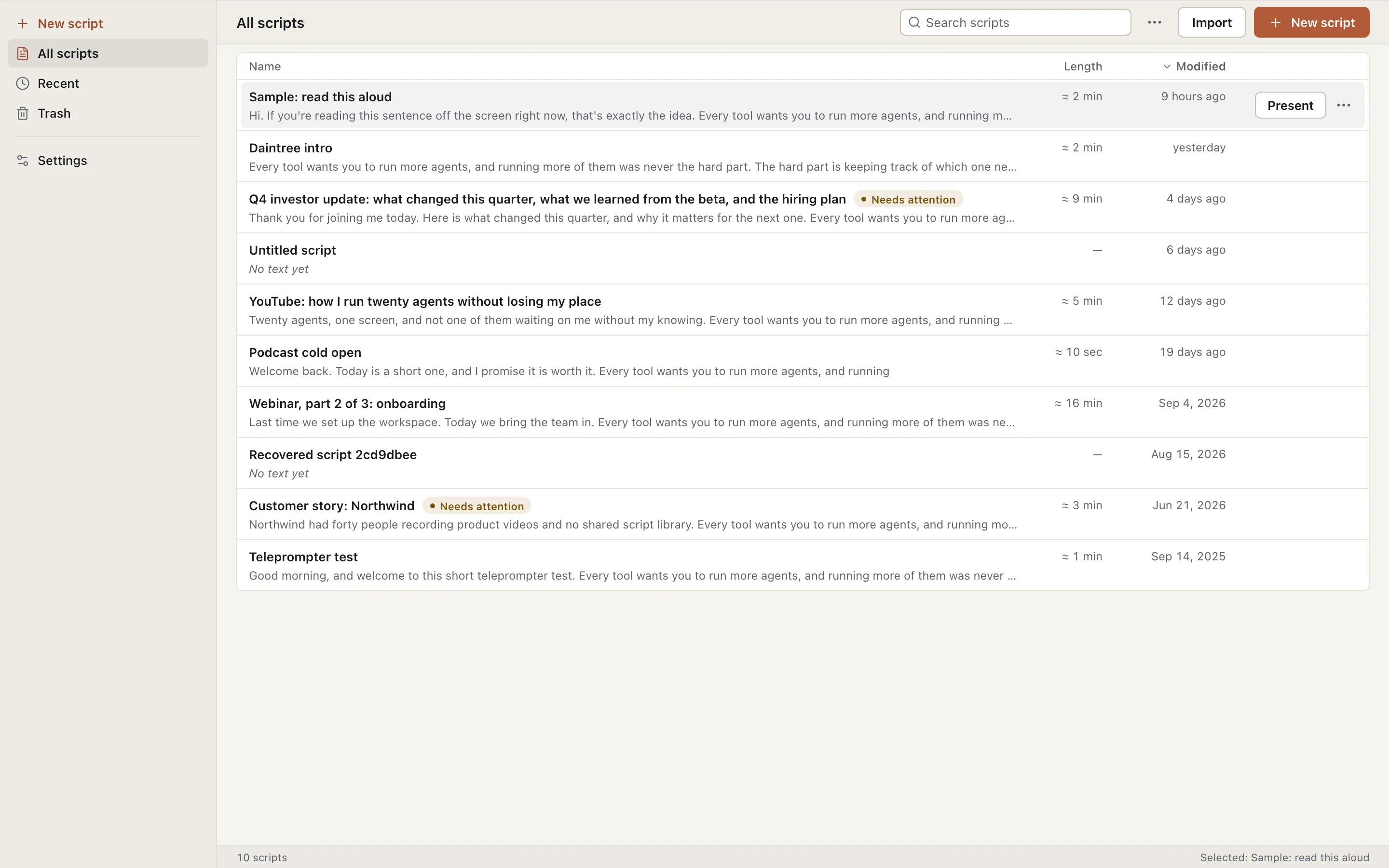 The CandidCue library showing All scripts: ten scripts listed by name with their opening lines, an estimated length and when each was last modified, a search field with Import and New script buttons above, and a Present button beside the selected script.